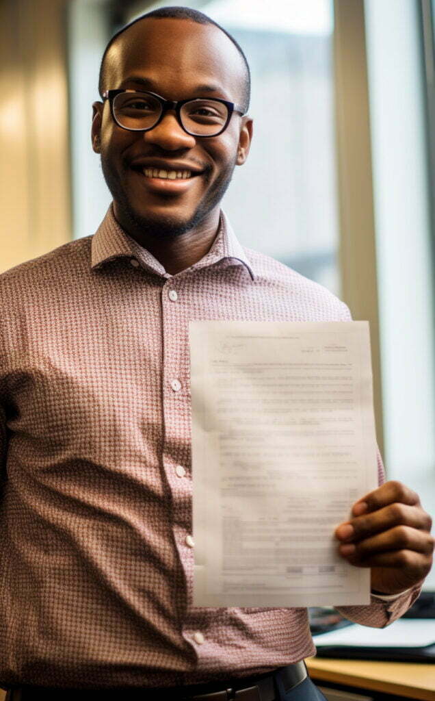 confident self-employed individual holding a bank statement in one hand